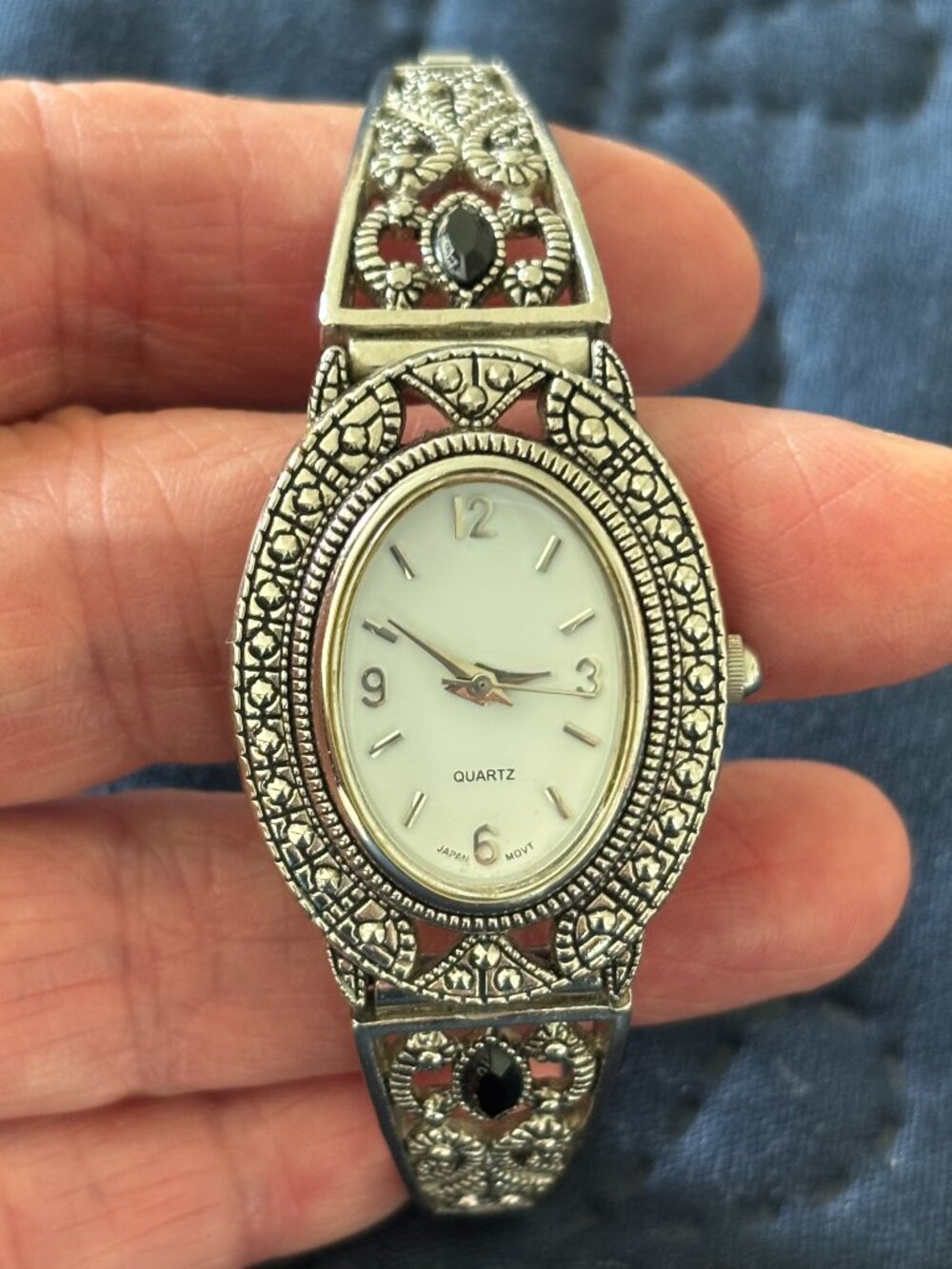 Vintage Filigree & Jet Rhinestone Cuff/Stretch Woman's Quartz Watch